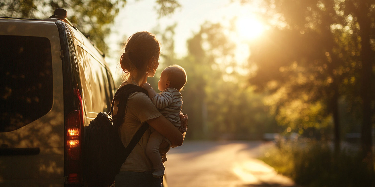 Infant in rear-facing car seat correctly harnessed; stop break at rest area